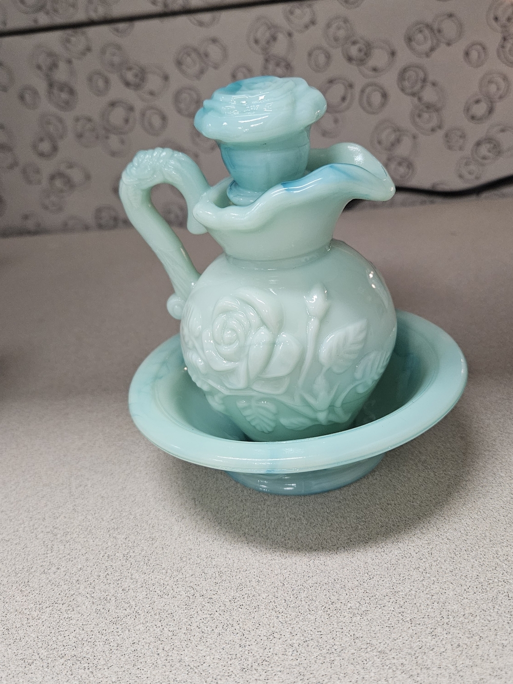Avon Blue & White Floral Glass Pitcher w/ Lid/Stopper, Handle & Bowl Set